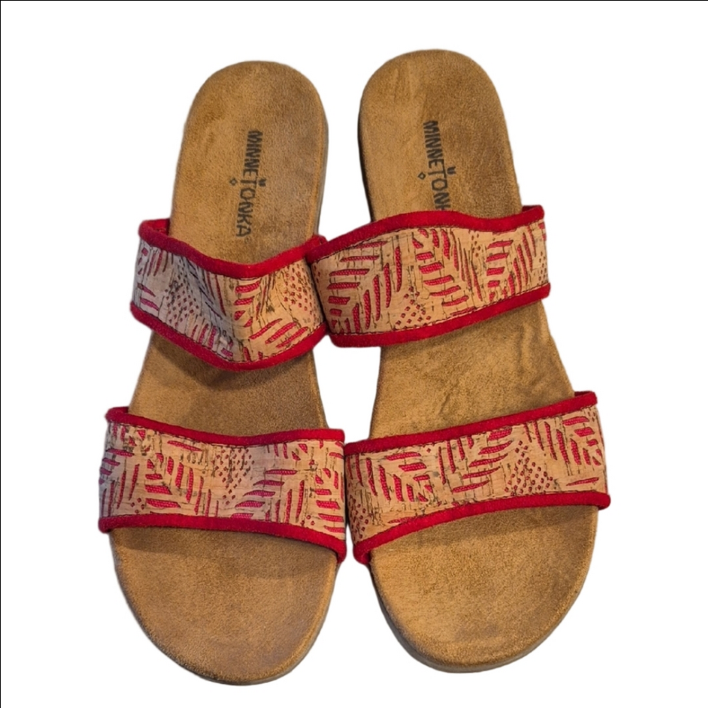 Minnetonka Women's Red and Tan Cork Upper Strappy Comfort Sandal